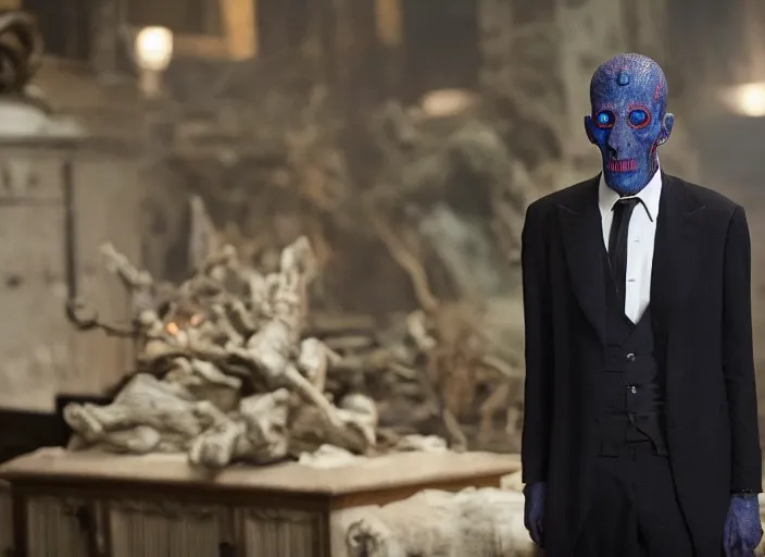 Prompt: Ebony Maw working as a funeral director in the new avengers movie, 4k