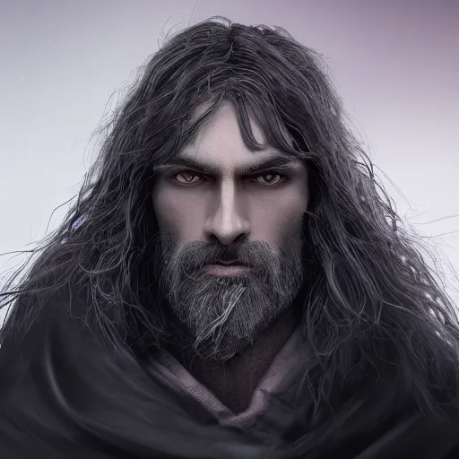 Prompt: a highly detailed portrait of a man with purple eyes, light gray long hair, beardless, wearing a black cloak, artstation, DeviantArt, professional, octane render