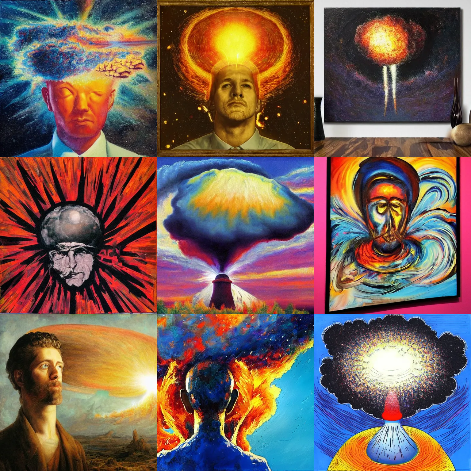 Prompt: < artwork quality = masterpiece artists = many > a man has an idea so large there is a nuclear explosion going off above his head < / artwork >