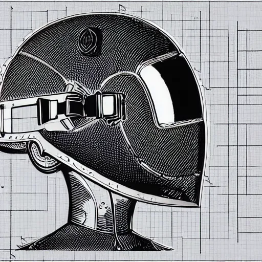 Prompt: a patent drawing of an intricate detailed vr headset from the future in the shape of a medieval knight helmet, extremely detailed alien technology vr!!! headset, with arrows and side angels