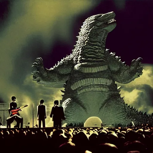 Prompt: Godzilla in the background of a Beatles concert, HD, high resolution, hyper realistic, 4k, intricate detail