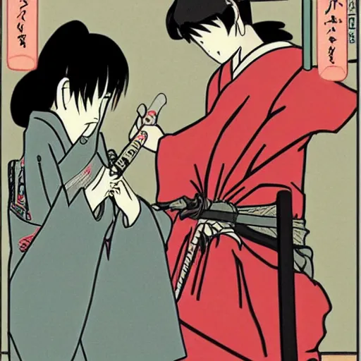 Image similar to Japanese schoolgirl runs away from Samurai with a katana on the subway by Toshio Saeki