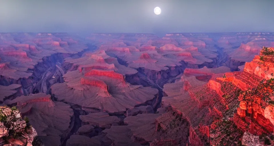 Prompt: The Grand Canyon at night during a Blood Moon Lunar Eclipse, evil, demonic, enchanting, misty, haze, clouds, angelic, flowers, nature, symmetry, environment concept, cinematic, Rendered in Octane, cgsociety, moody lighting rendered by octane engine, cinematic lighting, intricate details, 8k detail post processing, hyperealistic, photo realism, by Stephen King