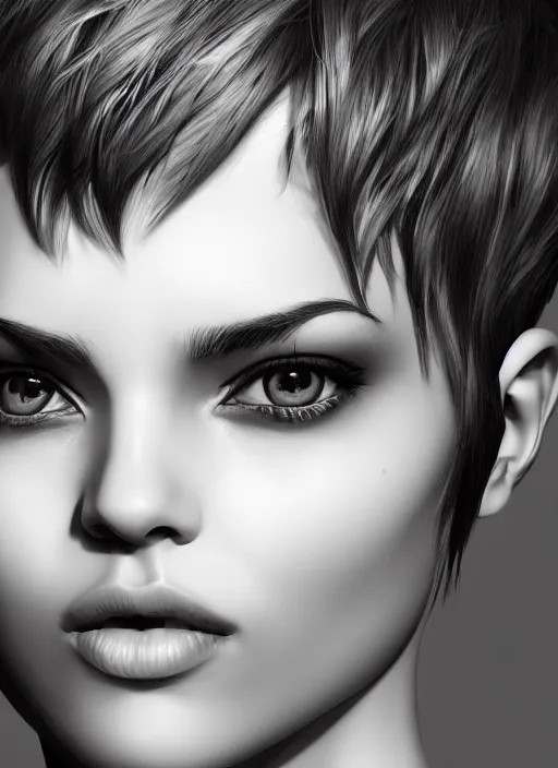 Image similar to up close portrait of a beautiful woman in black and white, photorealistic, pixie cut, intricate hair, upper body, art by diego fazio and diegoKoi and oscar Ukono, concept art, sharp focus, artgerm, 8k highly detailed