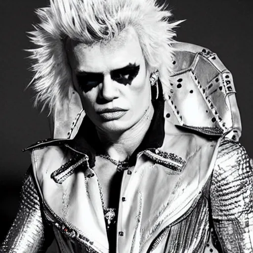 Image similar to portrait billy idol dressed in fantasy fashion, alexander mcqueen, shiny metal, standing in a desert