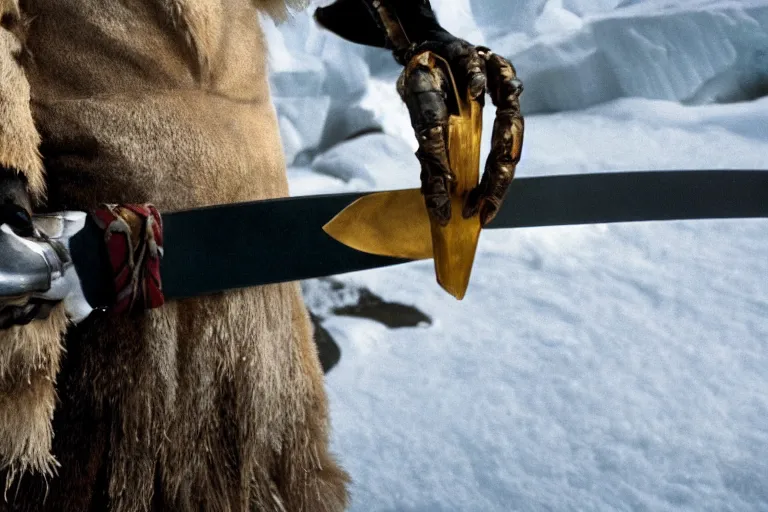 Image similar to movie scene closeup penguin wearing fishbone armor holding a katana sword in a lush arctic. by emmanuel lubezki