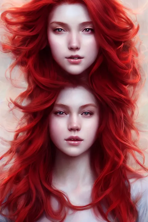 Prompt: beautiful cute red haired joyful and playful 1 9 year old maiden, full portrait, long hair, sci - fi, fantasy, intricate, elegant, digital painting, artstation, concept art, smooth, sharp focus, 8 k frostbite 3 engine, ultra detailed, art by artgerm and greg rutkowski and magali villeneuve