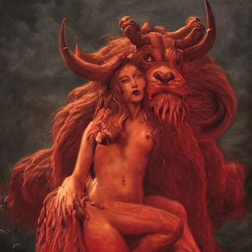 Image similar to a masterpiece! photographic portrait of a scarlet - colored beast with seven ( 7 ) heads and ten ( 1 0 ) horns by gustave dore and stephen hickman and allen williams, trending on artstation, cgsociety, 8 k hd, earthtone colors, a cloaked woman riding the back of the beast