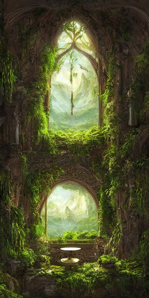 Prompt: fantasy Elvish windowsill with lush plants inside of it, interior of room, looking out toward an Elvish metropolitan cityscape, vignette of windowsill, Rivendell, detailed digital concept art by John Howe, trending on artstation