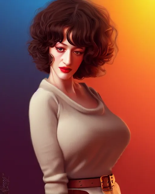 Image similar to andrea ivanova kat dennings christina hendricks dolly parton in wooly sweater, belt, plump lips, by wlop and ilya kuvshinov and artgerm,, gorgeous, stunning, alluring, artstation, deviantart, digital art