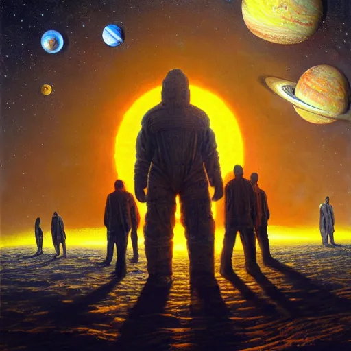 Image similar to giant man as big as the sun, standing in the solar system, oil on canvas, intricate, 8k highly professionally detailed, HDR, CGsociety