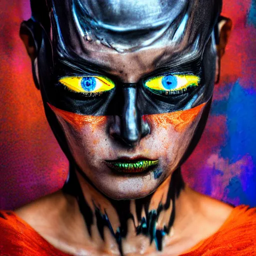 Image similar to melted batman, colorful, modelsociety, radiant skin, huge anime eyes, RTX on, perfect face, intricate, Sony a7R IV, symmetric balance, polarizing filter, Photolab, Lightroom, 4K, Dolby Vision, Photography Award