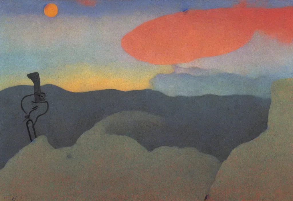 Prompt: shy mountain summit taking a peek through the clouds, fog, with curious eyes. old wooden antigravitational archaic yarn spindle fork. iridescence glowing sunset psychedelia. painting by yves tanguy, felix vallotton, rene magritte, max ernst, monet