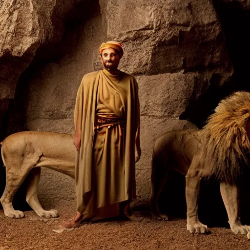 Prompt: 3 5 year old man in ancient canaanite clothing surrounded by ferocious lions. cave interior background. ektachrome photograph, volumetric lighting, f 8 aperture, cinematic eastman 5 3 8 4 film