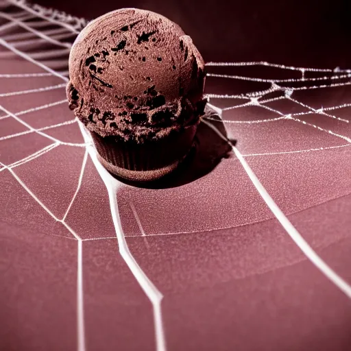 Prompt: detailed, textured, color photograph of a levitating chocolate ice cream cone with huge, hairy spider legs. dramatic light.