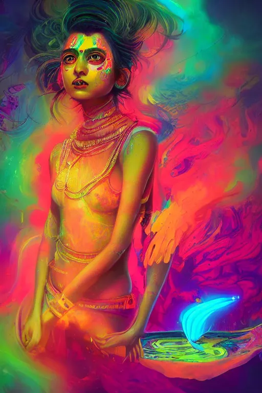 Image similar to a beautiful indian girl engulfed in colorful liquid smoke and neon clouds, a colorful psychedelic experience, dmt, lsd, face, highly detailed, artstation, concept art, matte, sharp focus, illustration, digital art by hana yata, and artem demura and beeple, lisa frank, octane render, unreal engine, 8 k