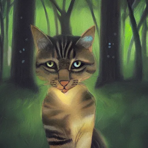 Prompt: portrait of a cat in a forest, by kawacy, trending on artstation, backlighting, sunlight, trending on furaffinity, bokeh