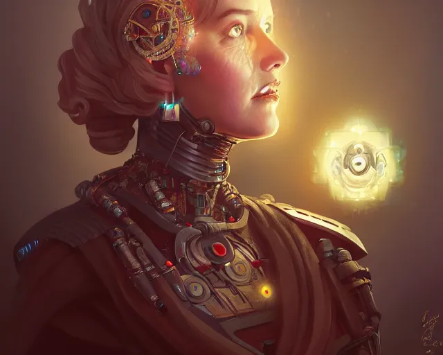 Image similar to hrh queen elizabeth as a cyborg terminator, photography of kurzgesagt, deep focus, d & d, fantasy, intricate, elegant, highly detailed, digital painting, artstation, concept art, matte, sharp focus, illustration, hearthstone, art by artgerm and greg rutkowski and alphonse mucha