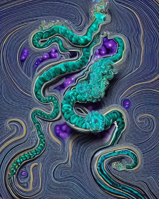 Prompt: a photo of a multi faceted blue and emerald and amethyst crystal geode formation with epic black and white smoke snake wrapped around it with liquid gold tendrils by jean pierre roy by stanisław szukalski by beeple, octane render, recursive, tendrils, tessellation, elestial crystals, geode, refracted light