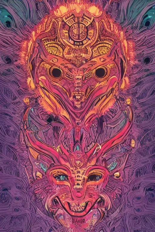 Image similar to totem animal tribal chaman vodoo mask feather gemstone plant video game illustration vivid color borderlands and by feng zhu and loish and laurie greasley, victo ngai, andreas rocha, john harris radiating a glowing aura