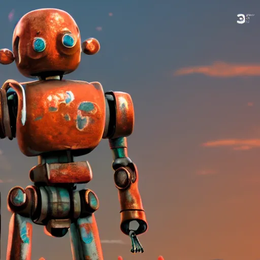 Image similar to a cute rusty robot in breath of the wild, anime, 3 d render, octane