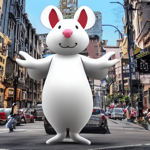 Prompt: a giant white mouse wearing human clothes stomping through a city eating people