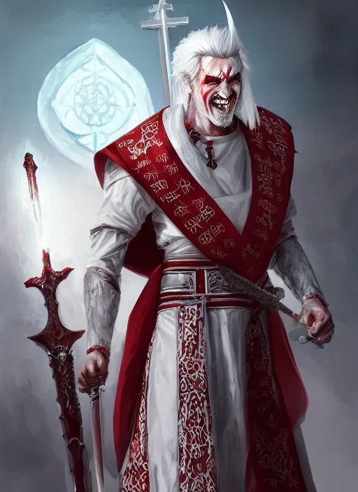 Image similar to a highly detailed illustration of sadistic white haired tanned african priest wearing white robe with red cross design, wielding divine bloody sword, evil smile, gothic church background, intricate, elegant, highly detailed, centered, digital painting, artstation, concept art, smooth, sharp focus, league of legends concept art, wlop