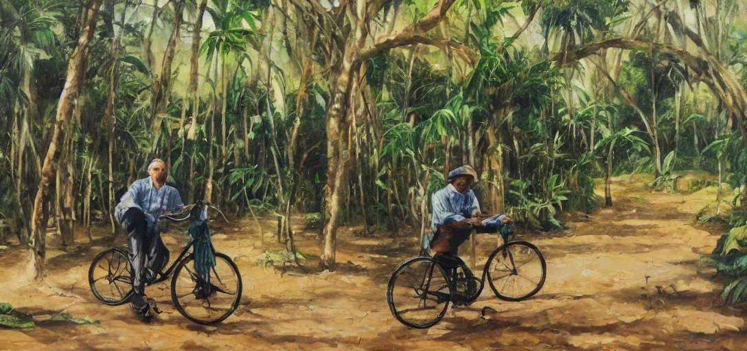 Image similar to kayne sitting on cyclo, inside a tropical forest, daylight happy mood, aged oil painting by le pho