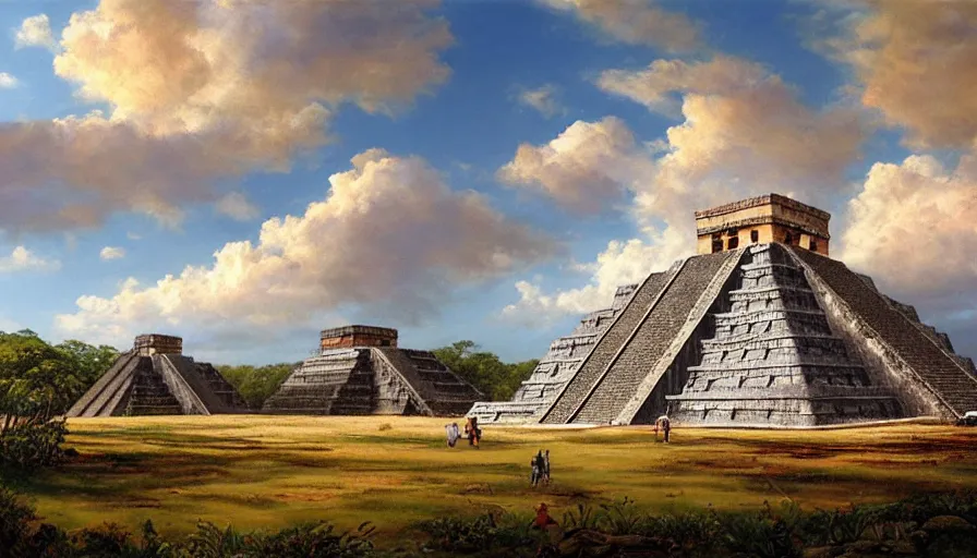 Image similar to excellent painted mayan city Chichen Itza 900 AD in a wide epic beautiful landscape somewhere in mexico with fluffy clouds, painted by Hans Fredrik Gude, Greg Rutkowksi, Craig Mullins and Artgerm, masterpiece, 4k, ultra realistic highly detailed oil painting