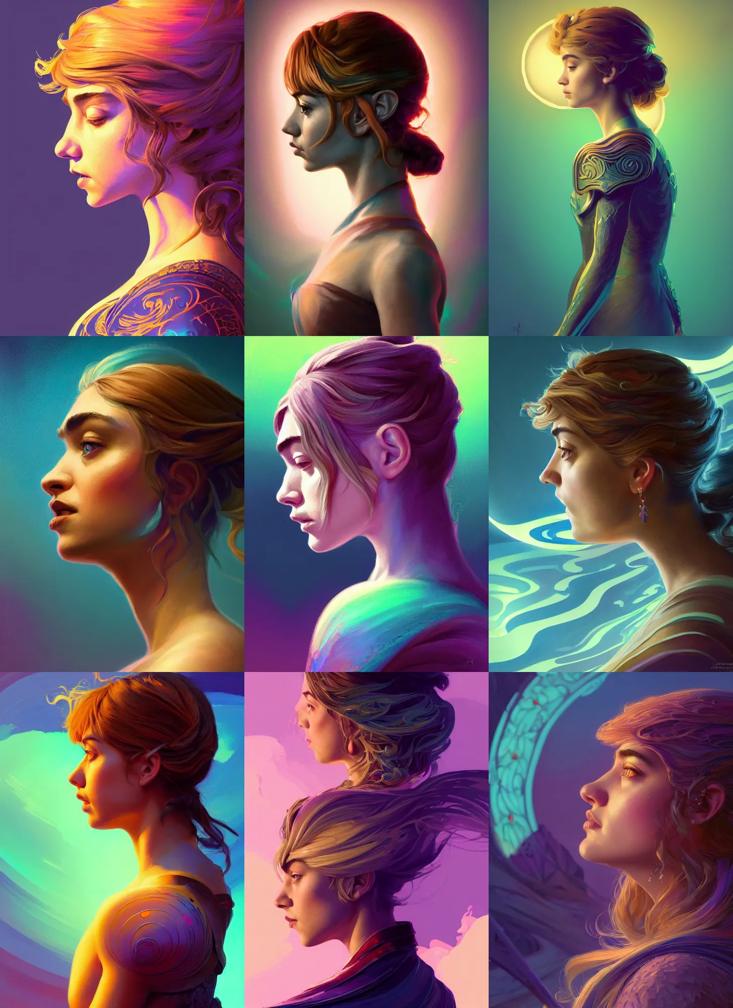 Prompt: side profile painted portrait, imogen poots as a paladin, d & d, gloomhaven, soft luminescent glow, art nouveau, beautifully backlit, ripples, swirly vibrant color lines, fantastically gaudy, aesthetic octane render, 8 k hd resolution, by picasso, ilya kuvshinov, cushart krentz, gilleard james