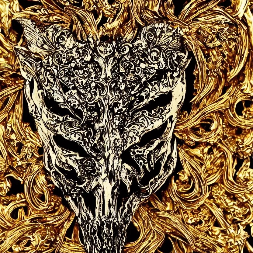 Prompt: photo of wolf skull on bones, dramatic lighting, circural, golden ornaments, symmetric, intricate skeletal decorations, symmetry, highly detailed, concept art, black, glimpse of red, white, gold layers, centered, style of nekroxiii, hyperrealistic, black background, smoke