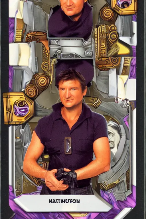 Prompt: card game of nathan fillion, full - view, futuristic, nft