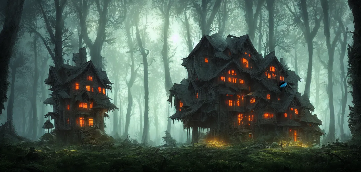 Prompt: random scary forest house landscape, incredible, vector art, octane render, fabulous, hyper detailed, random cinematic view, no noise, global illumination, warm lighting, volumetric, godrays, vivid, beautiful, by jordan grimmer