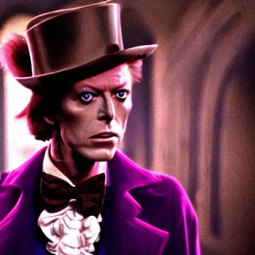 Image similar to stunning awe inspiring david bowie as willy wonka, movie still 8 k hdr atmospheric lighting