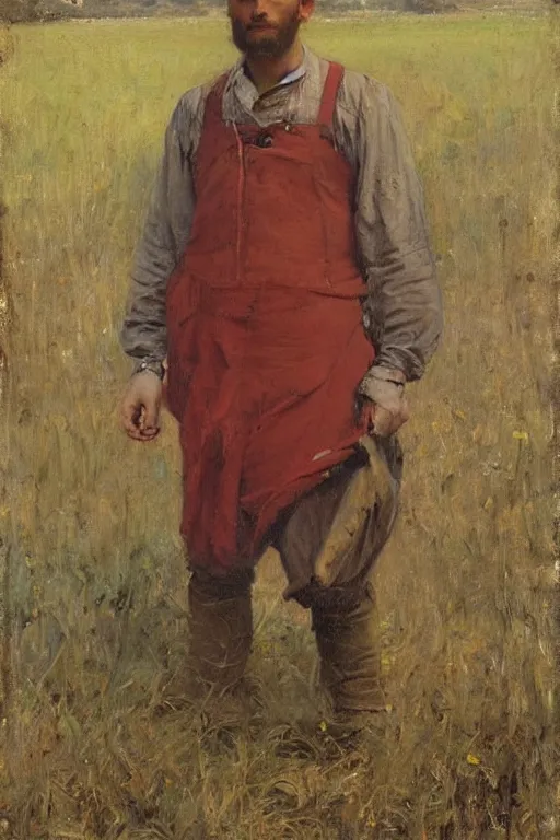 Image similar to Solomon Joseph Solomon and Richard Schmid and Jeremy Lipking victorian genre painting full length portrait painting of a young peasant farmer working in the field, red background