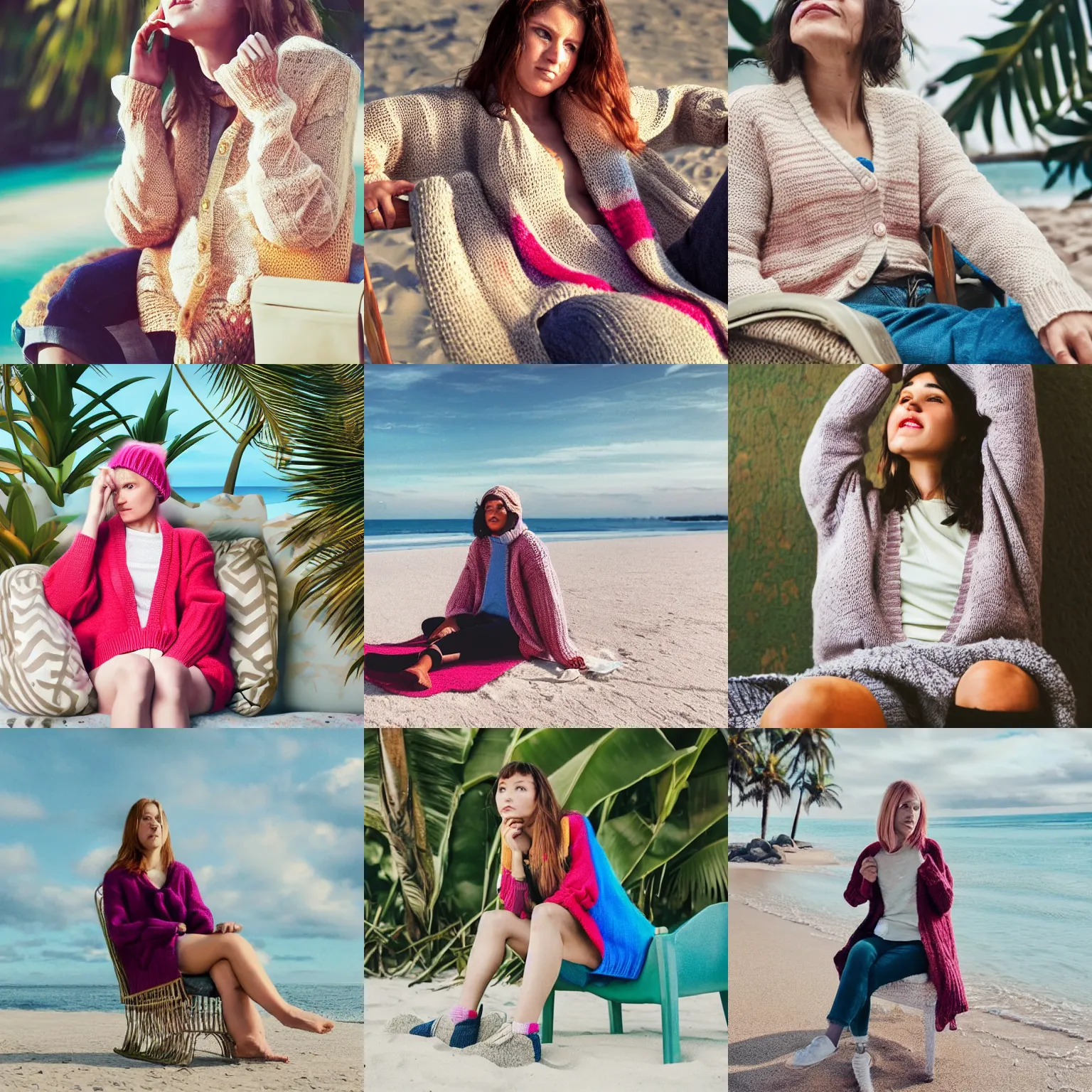 Prompt: a woman in her twenties wearing a ridiculous number of clothing layers, including a cardigan over a knit sweater, shivering with her arms crossed tight, sitting in a lounge chair on a tropical beach in the summer, 2018, trending on instagram, photorealistic, 4k, 8k