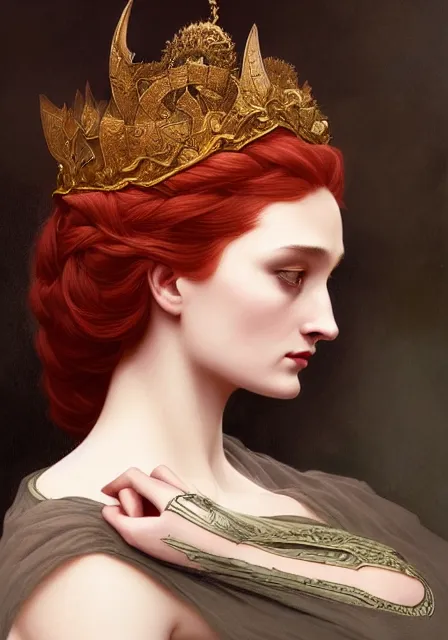 Prompt: sansa fire queen, intricate, elegant, highly detailed, digital painting, artstation, concept art, smooth, sharp focus, illustration, art by artgerm and greg rutkowski and alphonse mucha and willia m - adolphe bouguereau