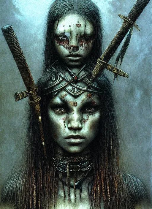 Image similar to barbarian warrior girl in tribal painting by Beksinski and Luis Royo