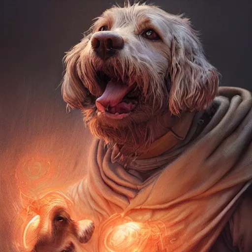 Image similar to Portrait of a dog as a sorcerer, magic, fantasy, D&D, intricate, cinematic lighting, highly detailed, digital painting, artstation, concept art, smooth, sharp focus, illustration, art by Artgerm and Greg Rutkowski