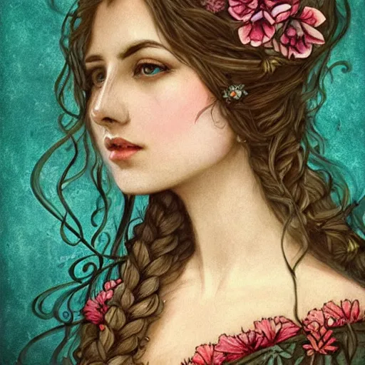 Image similar to realistic detailed face portrait of a beautiful woman with flowers in her hair by jenny savilla, fairytale, art nouveau, victorian, neo - gothic, character concept design, smooth, extremely sharp detail, finely tuned detail, story book design, storybook layout