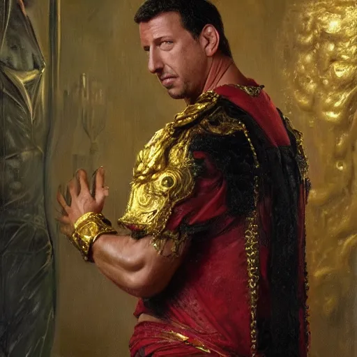 Image similar to detailed realistic cinematic wide shot of beautiful attractive muscular adam sandler as roman empreror gold chain wearing royal red clothes slim face symettrical face clean skin black eyes black robe smooth, sharp focus, ultra realistic, spring light, painting by gaston bussiere, craig mullins, j. c. leyendecker