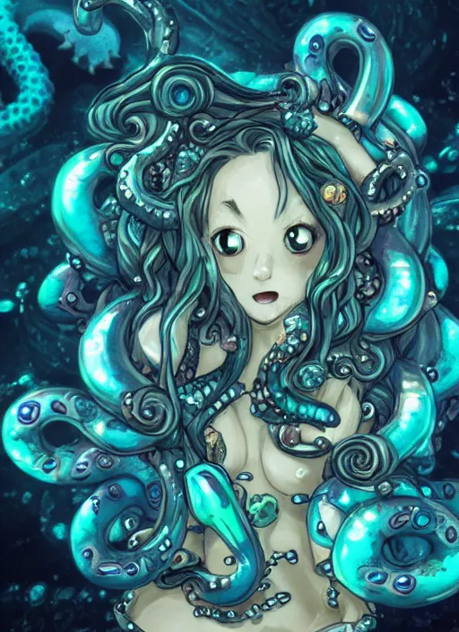 Image similar to A full shot of a Kawaii sea creature from the Abyss made of opals and oil wearing a black dress made of serpents and crystal. Fully Clothed. Under Water. Shallow Depth of Field. Tilt Shift. Symmetrical. Deepsea photography. Dark foreboding Atmosphere. Sailor Moon. Tentacles. Kawaii. Caustic refraction. Demon Horns, Angel Wings, By Lisa Frank and Giger and Ruan Jia and Artgerm and Range Murata and WLOP. Key Art. Fantasy Illustration. award winning, Artstation, intricate details, realistic, Hyperdetailed, 8k resolution.