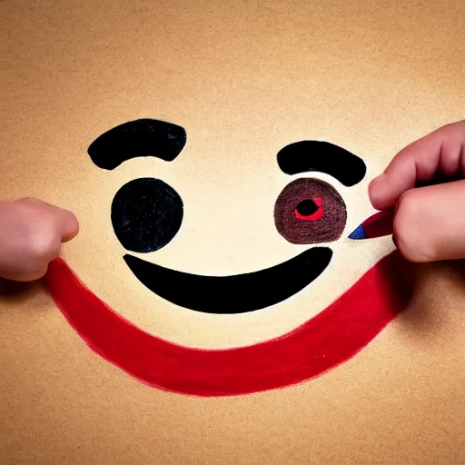 Image similar to child drawing of smiling emoji face with red eyes thumb up and red eyes.