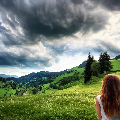 Image similar to a beautiful photograph of a girl with switzerland landscape in the background with trees, hdr, 8 k, high quality, sharp focus, artstation, highly detailed, award - winning, dramatic lighting, beautiful clouds, and nature