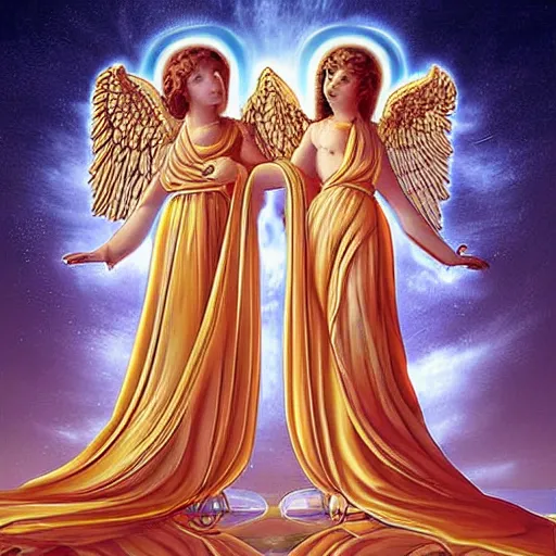 Image similar to Two celestial Angels ,warm colours celestial, divine,detailed, Digital art
