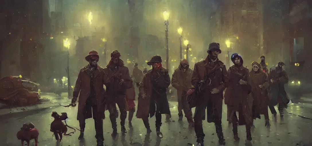 Image similar to beautiful painting of a gang at night in Soviet Russia, by Sergey Kolesov, Stanley Artgermm, Tom Bagshaw, Greg Rutkowski, Carne Griffiths, trending on Artstation, 8k, masterpiece, graffiti paint, dishonored, fine detail, full of color, intricate detail