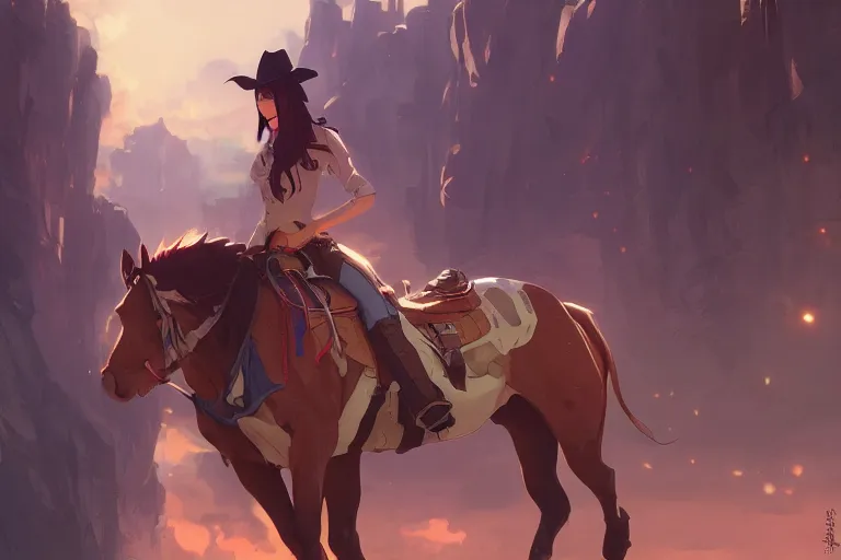 Prompt: western cowgirl, single subject, scenic full shot, ambient lighting, detailed face, by makoto shinkai, stanley artgerm lau, wlop, rossdraws