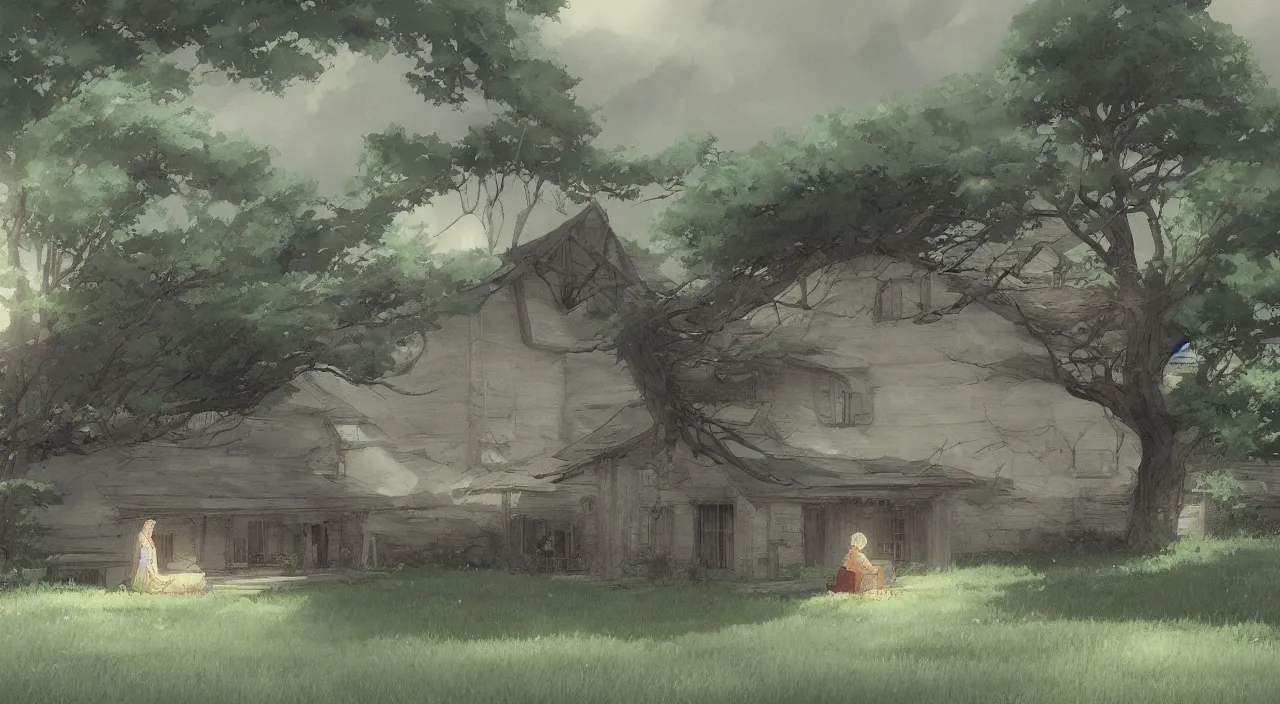 Prompt: The Old Mother Waiting for her Children at a lonely farmhouse, Anime concept art by Makoto Shinkai, Melancholic Beautiful, detailed