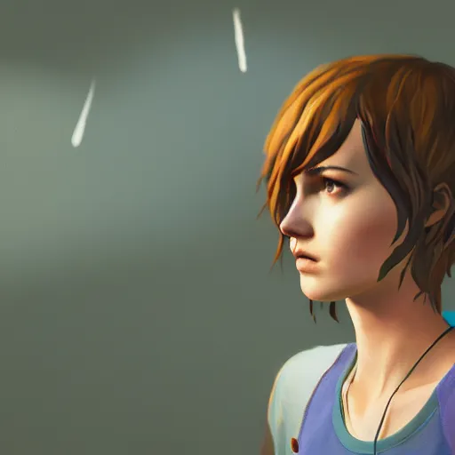 Prompt: life is strange highly detailed, nervously looking over shoulder, green hair, smooth, sharp focus, artstation, concept art, golden hour, soft lightning