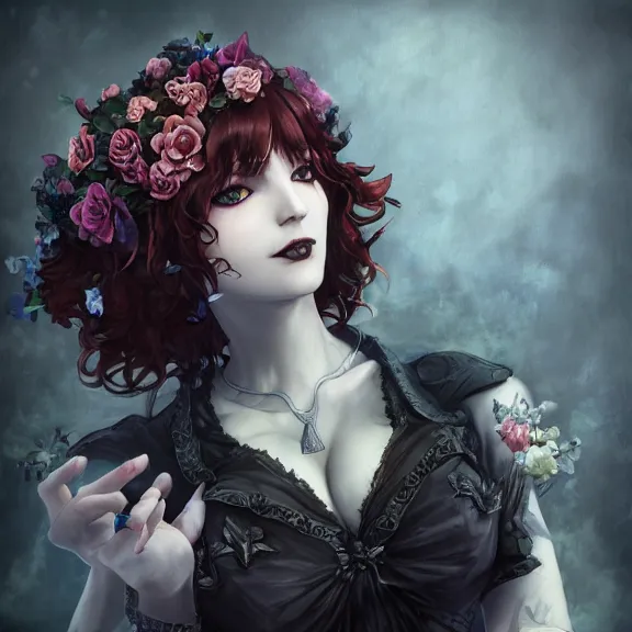 Image similar to goth christina hendricks with flowers in her hand, tankoban, 4 k, tone mapping, akihiko yoshida, james jean andrei riabovitchev marc simonetti, yoshitaka amano, long hair, curly, h. hydrochaeri